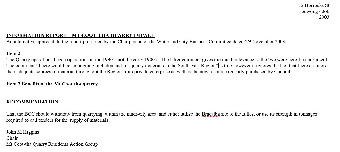 Click to Enlarge John Higgins - BCC Should Withdraw from Quarrying Operations