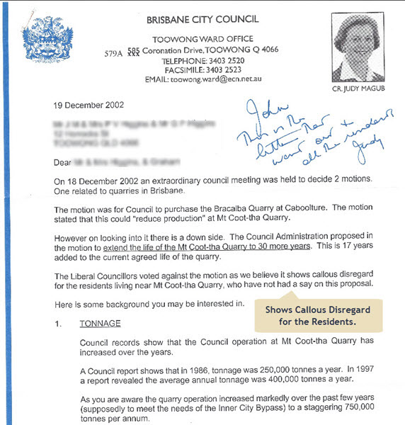 Click to Enlarge Judy Magub Dec 2002 Letter to the local residents describes Council as Callous